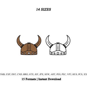 Puede incluir: Un diseño de bordado con dos cascos vikingos, uno marrón y otro con contorno negro, con el texto 14 SIZES arriba y 15 Formats | Instant Download abajo, seguido de una lista de extensiones: EMB, EXP, DST, CND, BRO, STX, JEF, JPX, SEW, ART, PES, PEC, VP3, HUS, PCS, XXX.