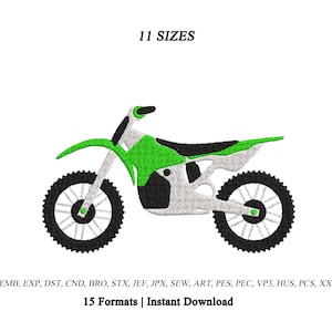 May include: An embroidery design of a dirt bike in green, black, and white. The text above reads 11 SIZES, and the text below lists file formats EMB, EXP, DST, CND, BRO, STX, JEF, JPX, SEW, ART, PES, PEC, VP3, HUS, PCS, XXX and 15 Formats | Instant Download.
