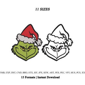 Op de afbeelding: Een borduurontwerp met twee versies van een karakterhoofd met een kerstmuts: één in groen en rood, en één in zwart-witte omtrek. De tekst luidt 11 SIZES, EMB, EXP, DST, CND, BRO, STX, JEF, JPX, SEW, ART, PES, PEC, VP3, HUS, PCS, XXX, 15 Formats | Instant Download.