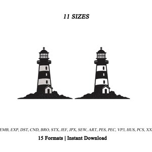 Puede incluir: Un diseño de bordado digital en blanco y negro que presenta dos ilustraciones idénticas de faros sobre bases rocosas. El texto 11 SIZES aparece en la parte superior, y el texto EMB, EXP, DST, CND, BRO, STX, JEF, JPX, SEW, ART, PES, PEC, VP3, HUS, PCS, XXX 15 Formats | Instant Download aparece en la parte inferior.