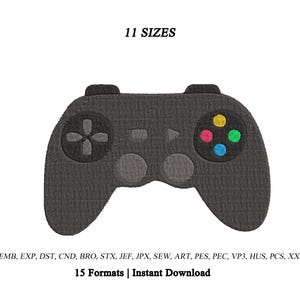 Può includere: Un design ricamato di controller per videogiochi grigio scuro con un pad direzionale nero, due joystick circolari grigi e quattro pulsanti colorati in giallo, rosa, verde e blu. Il testo include 11 SIZES e 15 Formats | Instant Download.