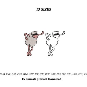 Puede incluir: Dos ilustraciones de ovejas con gafas de sol, una rellena con textura gris y otra delineada en negro. El texto dice 13 SIZES arriba y EMB, EXP, DST, CND, BRO, STX, JEF, JPX, SEW, ART, PES, PEC, VP3, HUS, PCS, XXX, 15 Formats | Instant Download.