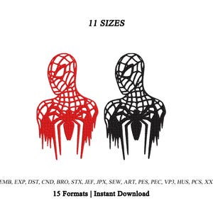 Può includere: Due disegni ricamati di una figura di supereroe con un motivo a ragnatela, uno in rosso e uno in nero. Il testo 11 SIZES appare in alto, e il testo EMB, EXP, DST, CND, BRO, STX, JEF, JPX, SEW, ART, PES, PEC, VP3, HUS, PCS, XXX 15 Formats | Instant Download appare in basso.