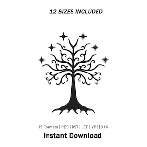May include: A black digital embroidery design of a stylized tree with seven four-pointed stars integrated into the branches. The text 12 SIZES INCLUDED appears at the top, and 15 Formats | PES | DST | JEF | VP3 | XXX Instant Download at the bottom.