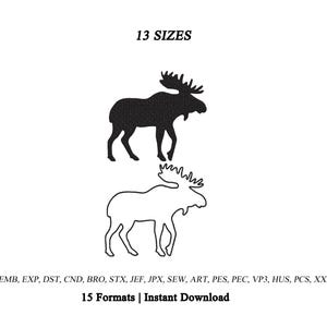 Può includere: Un disegno per ricamo digitale che presenta una silhouette di alce nera piena e una silhouette di alce con contorno nero. Il testo 13 SIZES appare in alto, e il testo EMB, EXP, DST, CND, BRO, STX, JEF, JPX, SEW, ART, PES, PEC, VP3, HUS, PCS, XXX 15 Formats | Instant Download appare in basso.