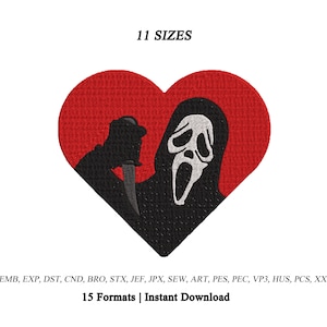 Ghostface Heart Embroidery Design | Horror Ghost Face Machine Embroidery | Scream Killer Mask Embroidery File with Knife | Horror Valentine