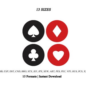 May include: Four circular icons featuring white playing card suit symbols: spade, diamond, club, and heart. The spade and club are on black circles, while the diamond and heart are on red circles. Text includes 13 SIZES, 15 Formats | Instant Download, and file extensions.