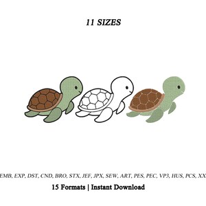 Puede incluir: Un diseño de bordado con tres ilustraciones de tortugas: una con caparazón marrón y cuerpo verde, una como contorno en blanco y negro, y otra con caparazón marrón texturizado y cuerpo verde. Texto: 11 SIZES, 15 Formats, Instant Download.