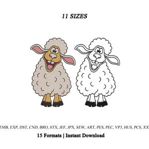 Puede incluir: Un diseño de bordado con dos ovejas de dibujos animados, una rellena de colores beige y marrón y otra como contorno negro. El texto dice 11 SIZES, EMB, EXP, DST, CND, BRO, STX, JEF, JPX, SEW, ART, PES, PEC, VP3, HUS, PCS, XXX, 15 Formats | Instant Download.