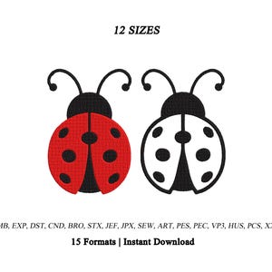 May include: Two ladybug embroidery designs, one red and black, the other white and black, each with two antennae and six spots. Text above reads 12 SIZES, and text below lists 15 file formats including EMB, EXP, DST, CND, BRO, STX, JEF, JPX, SEW, ART, PES, PEC, VP3, HUS, PCS, XXX, followed by 15 Formats | Instant Download.