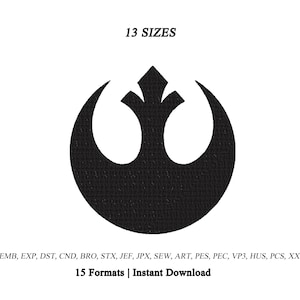 May include: A black Rebel Alliance symbol embroidery design. The text 13 SIZES is at the top. The text EMB, EXP, DST, CND, BRO, STX, JEF, JPX, SEW, ART, PES, PEC, VP3, HUS, PCS, XXX and 15 Formats | Instant Download is at the bottom.
