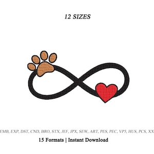 Infinity Paw Embroidery Design | Infinity Paw Print Heart Machine Embroidery Design | Dog Cat Paw Infinity Symbol Machine File | Pets Lovers