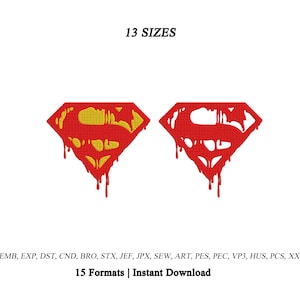 May include: Two diamond-shaped embroidery designs featuring a dripping S logo. The left logo is yellow with a red border, and the right logo is solid red. Text at the top reads 13 SIZES, and text at the bottom reads EMB, EXP, DST, CND, BRO, STX, JEF, JPX, SEW, ART, PES, PEC, VP3, HUS, PCS, XXX, 15 Formats | Instant Download.