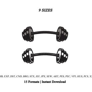 May include: A digital graphic featuring two black barbell icons stacked vertically. The text 9 SIZES appears at the top. Below the barbells, the text reads EMB, EXP, DST, CND, BRO, STX, JEF, JPX, SEW, ART, PES, PEC, VP3, HUS, PCS, XXX and 15 Formats | Instant Download.