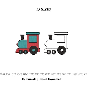 May include: Two train icons, one colored red, teal, and black, and one outlined in black. The text reads 15 SIZES at the top and EMB, EXP, DST, CND, BRO, STX, JEF, JPX, SEW, ART, PES, PEC, VP3, HUS, PCS, XXX, 15 Formats | Instant Download at the bottom.