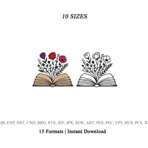 Floral Book Embroidery Design | Open Book Floral Machine  Embroidery Design | Floral book Outline | Minimalist Botanical Flowers | 10 Sizes