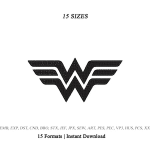 Puede incluir: Un logotipo bordado en negro que presenta una letra W estilizada con alas que se extienden desde los lados. El texto 15 SIZES aparece sobre el logotipo, y el texto EMB, EXP, DST, CND, BRO, STX, JEF, JPX, SEW, ART, PES, PEC, VP3, HUS, PCS, XXX 15 Formats | Instant Download aparece debajo.