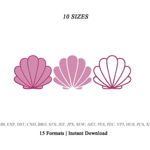May include: Three seashell embroidery designs in pink and dark pink outlines. The text 10 SIZES appears at the top. The bottom text reads EMB, EXP, DST, CND, BRO, STX, JEF, JPX, SEW, ART, PES, PEC, VP3, HUS, PCS, XXX and 15 Formats | Instant Download.