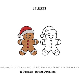 May include: An embroidery design featuring two gingerbread figures wearing Santa hats. One figure is brown with red buttons, and the other is a black and white outline. Text includes 15 SIZES, 15 Formats, and a list of file extensions.