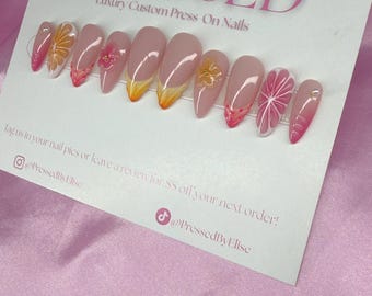 Tropical Sunset Press On Nails | Pink Ombre Polka Dot French Tips & 3D Flower Art