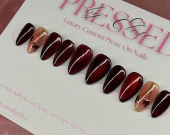 Uñas postizas con purpurina rojo oscuro / Set de uñas personalizado con detalles en cereza burdeos