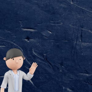Può includere: Un personaggio dei cartoni animati di una persona con i capelli scuri, che indossa una giacca grigio chiaro su una camicia azzurra, che saluta con la mano destra. Lo sfondo è una superficie strutturata blu scuro.