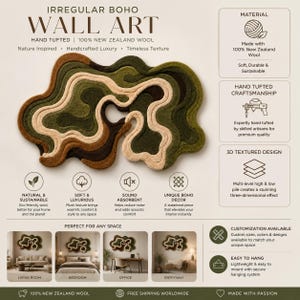 May include: An irregular, hand-tufted wall art piece made of 100% New Zealand wool. The design features organic, flowing shapes in layered shades of olive green, dark brown, and cream, creating a multi-level, three-dimensional textured surface.