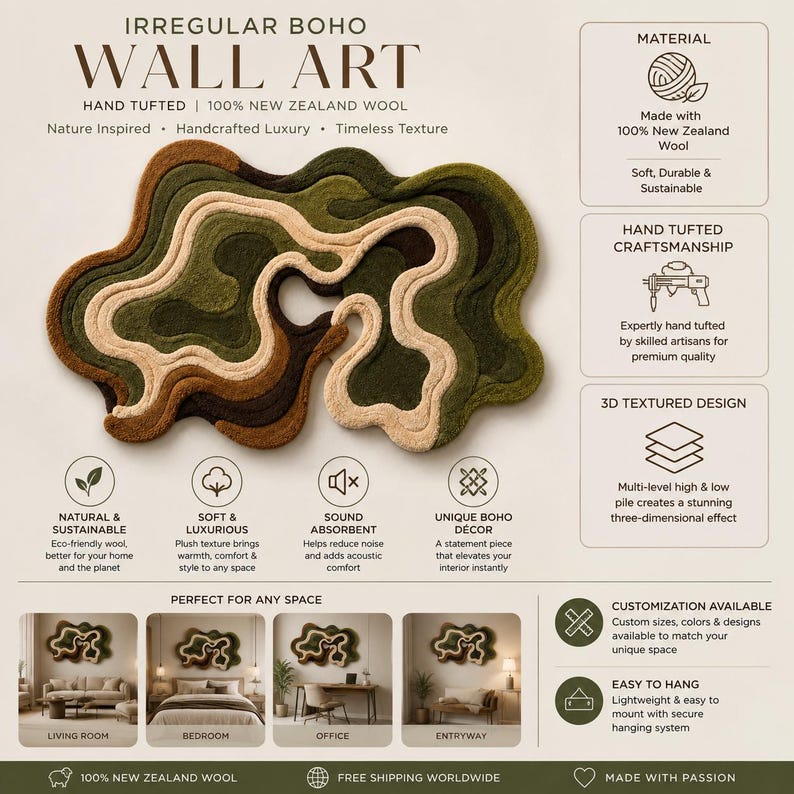 May include: An irregular, hand-tufted wall art piece made of 100% New Zealand wool. The design features organic, flowing shapes in layered shades of olive green, dark brown, and cream, creating a multi-level, three-dimensional textured surface.