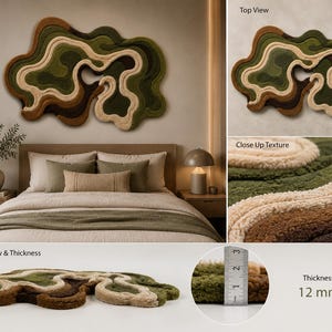 May include: An abstract wall art piece featuring layered, wavy shapes in shades of olive green, dark brown, and cream. The tufted textile design has a textured surface and a thickness of 12 mm, as shown by a visible metal ruler in the image.