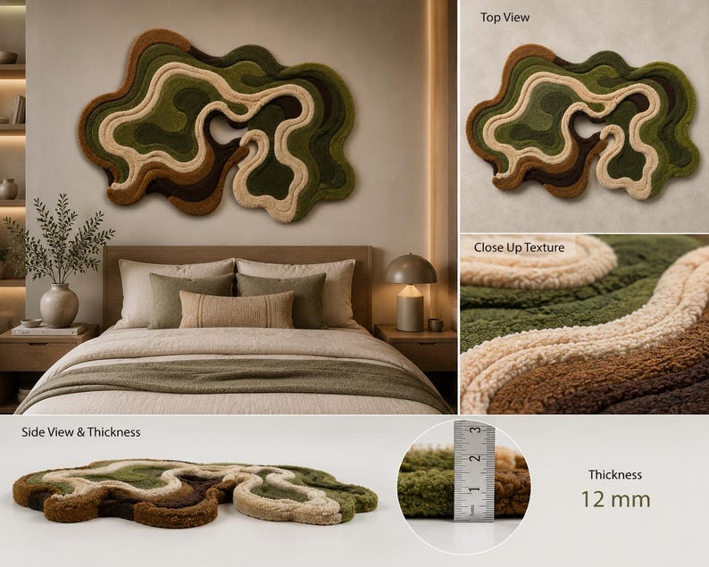 May include: An abstract wall art piece featuring layered, wavy shapes in shades of olive green, dark brown, and cream. The tufted textile design has a textured surface and a thickness of 12 mm, as shown by a visible metal ruler in the image.