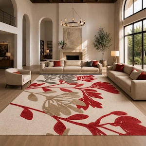 3D bloemengebeeldhouwd getuft vloerkleed, beige en rood wollen vloerkleed met bloemenmotief, modern botanisch tapijt, eigentijds bloementapijt, vloerkleed op aangepast formaat,