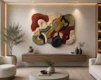 May include: A large, irregular wall hanging made of textured, tufted yarn in shades of rust, cream, sage green, mustard yellow, and deep navy blue. The piece features organic, flowing shapes and varying pile heights, creating a tactile surface.