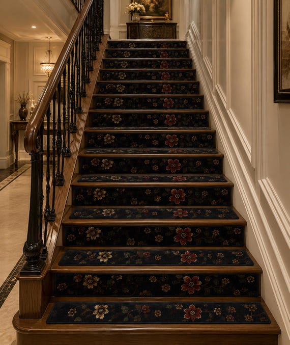 Floral Stair Treads & Risers, Hand Tufted Stair Carpet, Wool Stair Carpet Set, Non Slip Stair Runner, Luxury Stair Mats, Custom Size