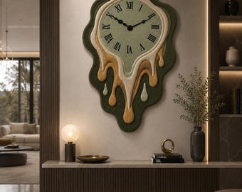 May include: A wall clock with a textured, irregular shape featuring a light green face, black Roman numerals, and black hands. The design includes layered, dripping-effect borders in cream, mustard yellow, and dark forest green colors.