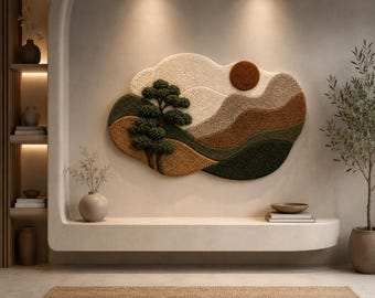 May include: A textured wall hanging featuring a landscape design with rolling hills in shades of green, brown, and cream. A dark green tree stands on the left side, and a solid dark brown circle representing the sun is positioned in the upper right.