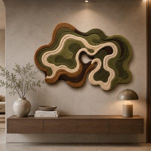 May include: A wall-mounted tufted textile art piece featuring an irregular, organic shape with layered, flowing contours. The design incorporates a palette of earthy tones, including shades of olive green, cream, tan, and dark brown, creating a textured, topographic appearance.