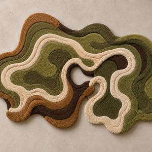 May include: An irregularly shaped tufted rug featuring a layered, topographic design with flowing, organic contours. The rug displays a palette of earthy tones, including shades of olive green, dark forest green, cream, and warm brown.