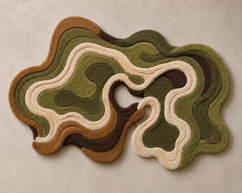 May include: An irregularly shaped tufted rug featuring a layered, topographic design with flowing, organic contours. The rug displays a palette of earthy tones, including shades of olive green, dark forest green, cream, and warm brown.