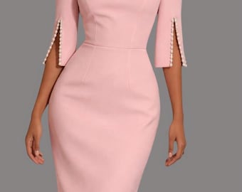Blush Pink Midi Pencil Dress, Pearl Slit Sleeve, Modest Formal Bodycon Outfit
