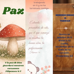 May include: A collection of illustrated bookmarks with inspirational quotes and floral and mushroom designs. The bookmarks feature text in Spanish, including "Paz", "Promesa", and Bible verses. The color palette includes pink, green, and brown.