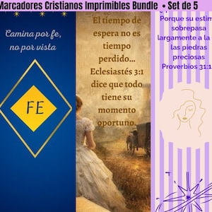May include: Set of 5 printable Christian bookmarks. Designs include inspirational quotes and Bible verses. The bookmarks feature various colors, illustrations, and text in English and Spanish. Includes a bookmark with a beach scene and a starfish.