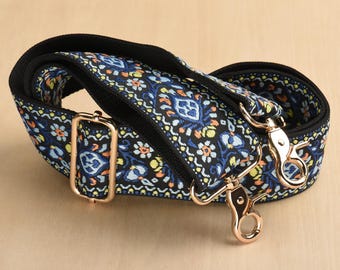 Blue Embroidered Bag Strap Adjustable Crossbody Guitar Strap 2 inch Width