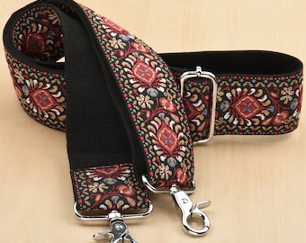 2 inch wide Red Embroidered Bag Strap Adjustable Purse Strap Replacement 33-55 inch long Bag Band
