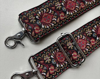 2 inch wide Red Embroidered Bag Strap Adjustable Purse Strap Replacement 33-55 inch long Bag Band