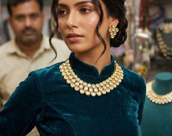 Kundan Choker Necklace Set, Indian Bridal Jewelry, Royal Ethnic Pearls