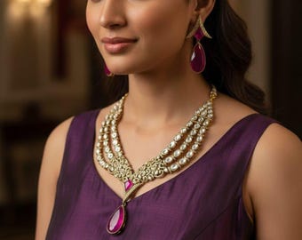 Set di collana con pietra rosa e orecchini abbinati, elegante collana a strati, gioielli etnici indiani.