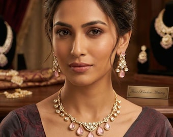 Conjunto de colar Kundan rosa, joias indianas para noivas, colar com pingente Polki e brincos.