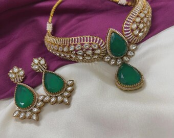 Grönt Kundan Choker Halsband Set: Indiska Brudsmycken