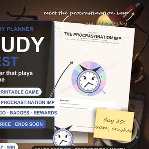 May include: A digital study planner titled Study Quest by MercerPlannerCo featuring 10 printable pages. The design includes a Boss Fight section with a Procrastination Imp clock graphic, a Boss Math area, and a yellow sticky note reading day 30: exam, crushed.