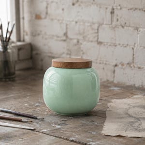 Può includere: Un vaso in ceramica verde chiaro con coperchio in legno. Il vaso ha una forma arrotondata e poggia su una superficie di legno. Pennelli e uno schizzo sono visibili sullo sfondo. Il vaso è un contenitore decorativo.